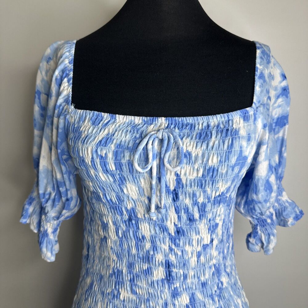 Faithfull the Brand Magnolia Mini Dress Sz 4 Small Blue Floral Tie Dye Smocked - Picture 4 of 11